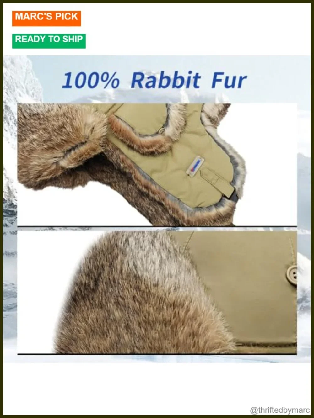 100% Rabbit Fur Trapper Hat Aviator Winter Hat with Ear Flaps Waterproof